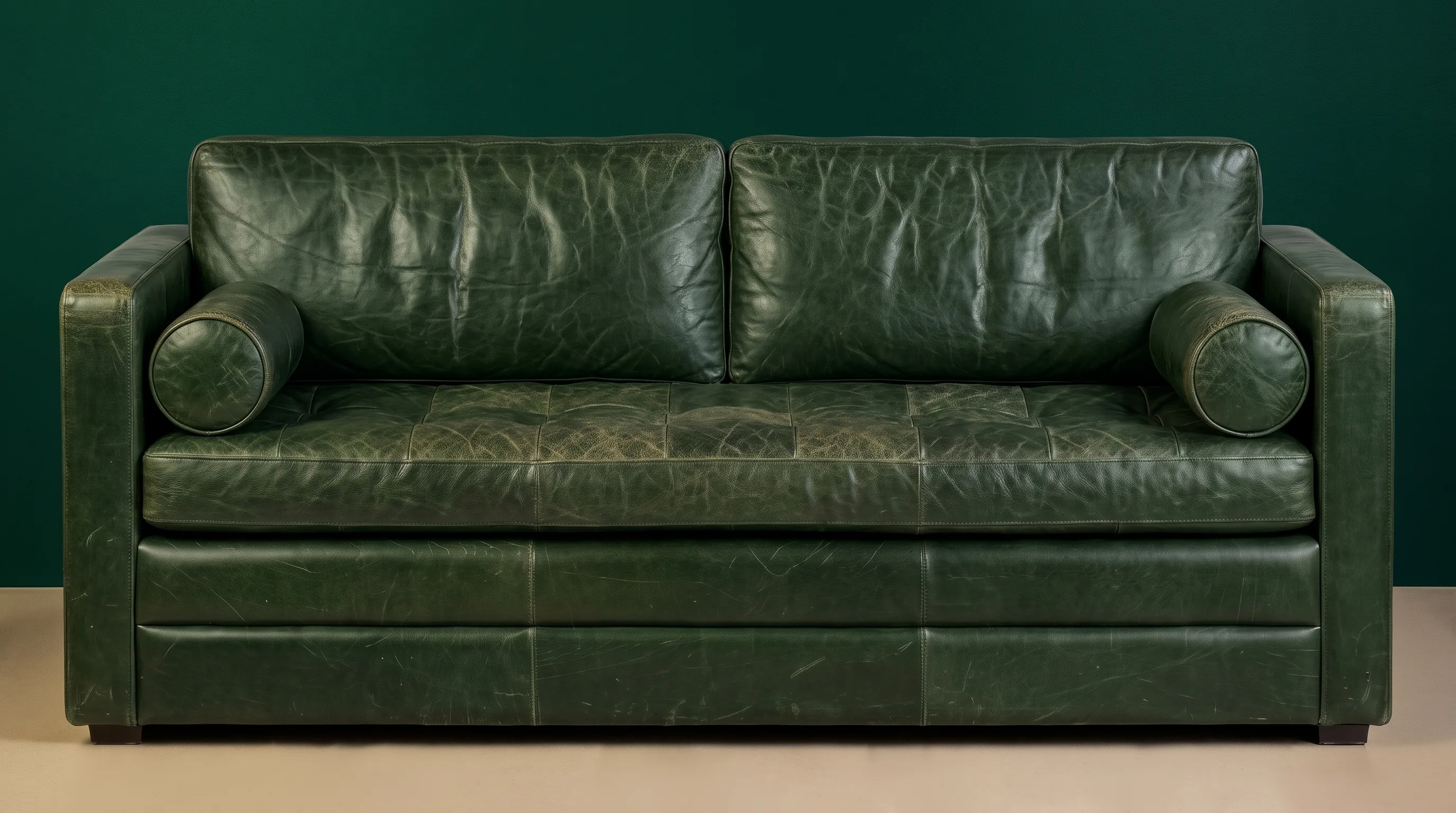 Mottled, worn forest-green leather sofa before restoration